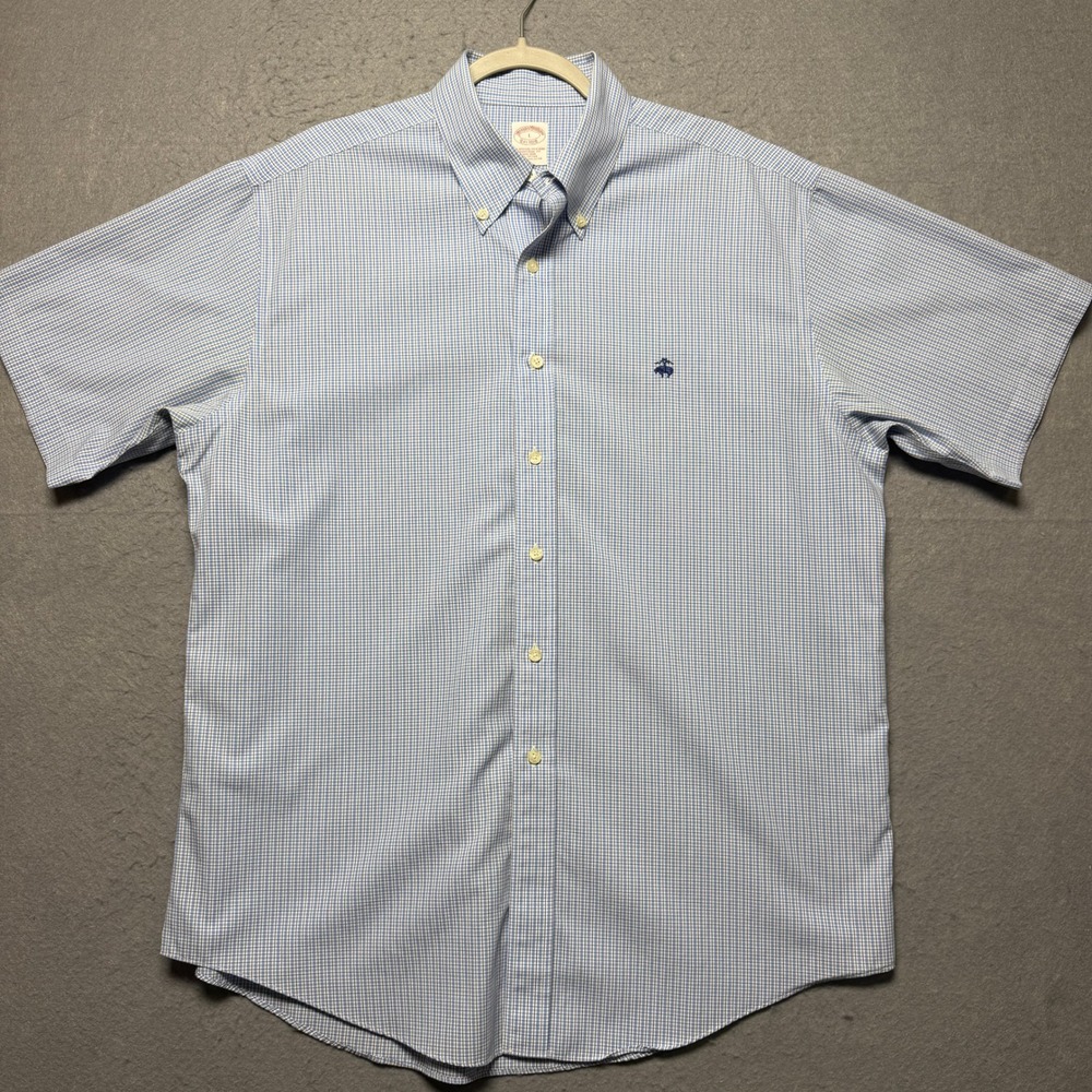 Brooks Brothers Mens Large Blue Gingham Short Sleeve Non-Iron Traditional Shirt